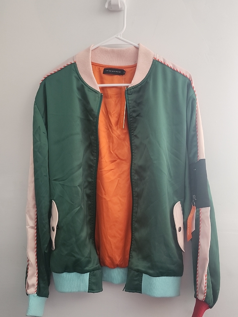 Atelier New Regime Green Satin Bomber with Pink Rib Collar - Picture 9 of 11